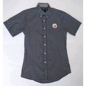 NWOT Mens Antigua Pittsburgh Steelers B & W Plaid SS Button Down Shirt Size S